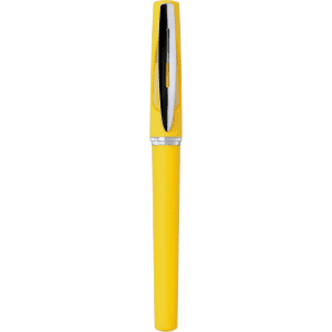 A yellow pen with a chrome clip and a sleek design, featuring a logo on its upper section.