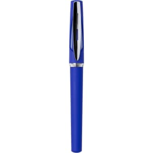 A blue pen with a sleek design featuring a metallic clip and a glossy finish. It has a branding logo on the body.