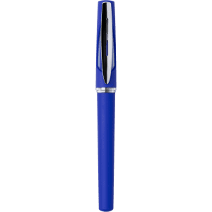 A blue pen with a sleek design and a silver clip, featuring a logo on the barrel.