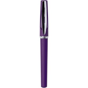 A purple pen with a sleek design and a shiny chrome clip, featuring a branding logo on the side.