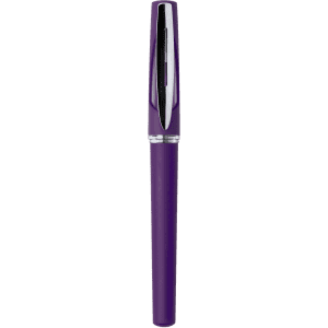 A purple pen with a sleek design and a silver clip, featuring a logo on the barrel.