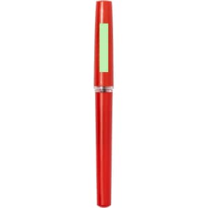 A red pen with a sleek design and a transparent section. It features a logo on the body.