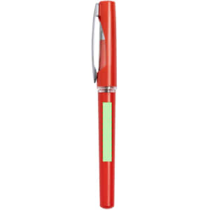 A red pen with a silver clip and an area for personalisation. The pen has a sleek design.