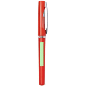 A red pen with a silver clip and an area for a label. The pen body is sleek and glossy.