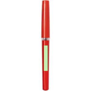 A red pen with a green accent and a transparent section, featuring a branding logo.