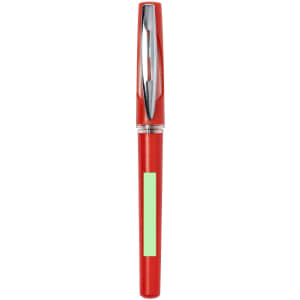 A red pen with a transparent cap and a green section for branding or labels.