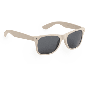 Cream-coloured sunglasses with dark lenses, featuring textured arms and a logo on the side.
