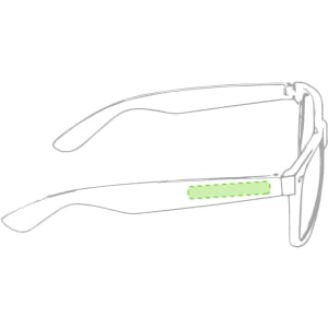 A pair of sunglasses with a green accent on the temples and a simple frame design.