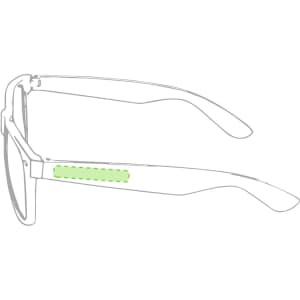 A pair of sunglasses with a sleek design featuring a green accent on the side, including a logo.