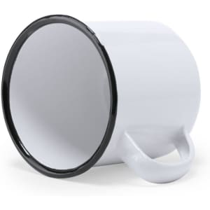 A white coffee mug with a black rim and handle, designed for sublimation printing.