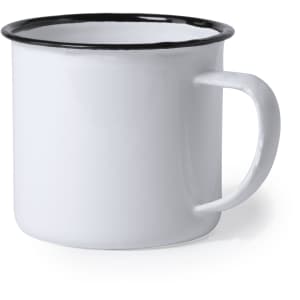 A coffee mug featuring a white body with a black rim and a sturdy handle. It includes a logo on the surface.