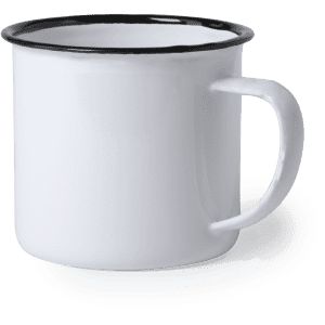 A white coffee mug with a black rim and handle, featuring a clean, minimalist design.