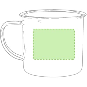 A coffee mug in clear with a green bordered section for custom design.