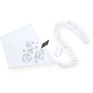 A white Yumbi Kite with a drawing surface, featuring a string, markers, and a space-themed design.