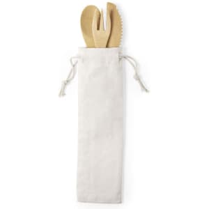 A cutlery set in a white pouch, featuring a fork, knife, and spoon made from natural materials.