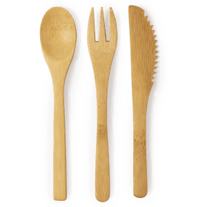 A bamboo cutlery set featuring a spoon, fork, and knife in a natural finish. Contains a logo.