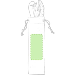 A cutlery set in a light-coloured pouch with a drawstring, featuring utensils such as a knife, fork, and spoon.