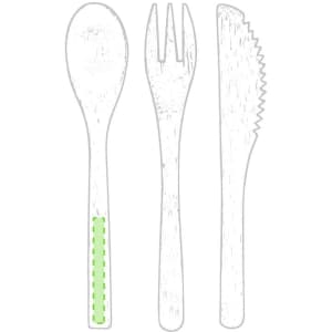 A wooden cutlery set featuring a spoon, fork, and knife with a green accent. Contains a branding logo.