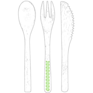 A cutlery set featuring a spoon, fork, and knife with a green accent on the handle of the knife.