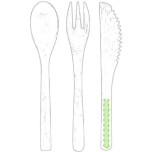 A cutlery set featuring a spoon, fork, and knife with a green accent. The utensils have a rustic, wooden appearance.