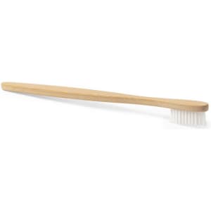 A bamboo toothbrush with a long handle and white bristles, featuring a simple design and a natural finish.