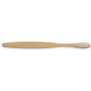 A bamboo toothbrush with a smooth handle and bristle head, featuring a subtle natural finish.