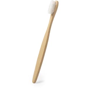 A bamboo toothbrush with a white bristle head and a natural wooden handle. It features a simple design and logo.