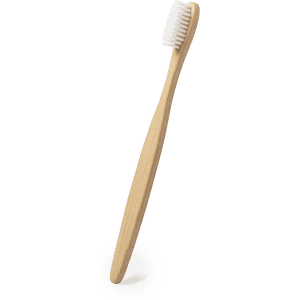 A bamboo toothbrush with a natural wooden handle and white bristles, featuring a logo on the handle.
