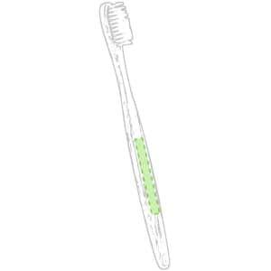 A toothbrush with a wooden handle and green detailing, featuring a textured bristle head and a simple logo.