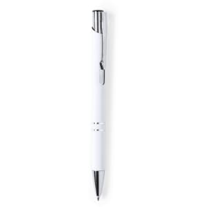 A metal pen in white with chrome accents and a clip, featuring a sleek design and branding logo.