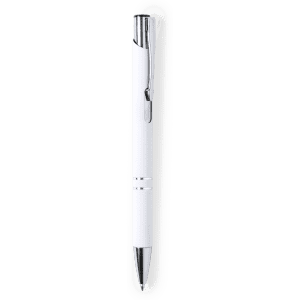 A metal pen in white with silver accents, featuring a clip and a sleek design, presented in a clear case.