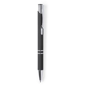 A metal pen in black with silver accents and a clip. It features a sleek, modern design.