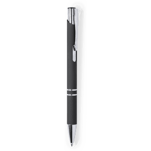 A metal pen in black with chrome accents and a sleek design. Features a logo on the barrel.