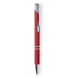 A red metal pen with chrome accents and a sleek design. The pen features a clip and stands upright.