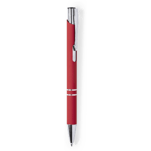 A red metal pen with a chrome clip and accents, featuring a sleek design and a logo.