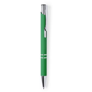A green metal pen with a shiny chrome clip and accents, featuring a logo on the barrel.