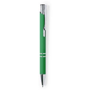 A green metal pen with a sleek design and chrome accents. It features a clip and decorative lines near the grip.