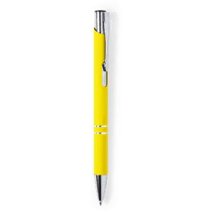 A yellow metal pen with chrome accents, displayed in a white casing, featuring a branding logo.