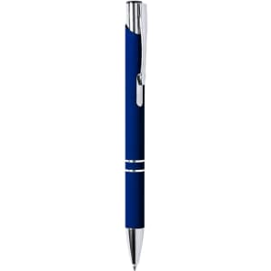 A blue metal pen with a silver clip and accents, featuring a sleek and modern design.