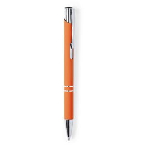 An orange metal pen with a shiny silver clip and accents, featuring a sleek design.
