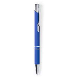 A blue metal pen with a chrome clip and accents, featuring a sleek design and a logo.