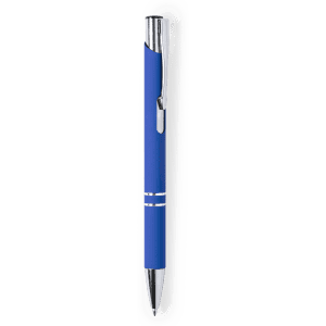 A blue metal pen with chrome accents and a logo on its body, suitable for writing.