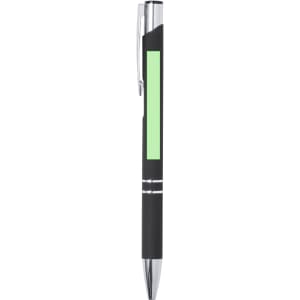 A black metal pen with a green accent and a silver clip. It features a logo on the body.