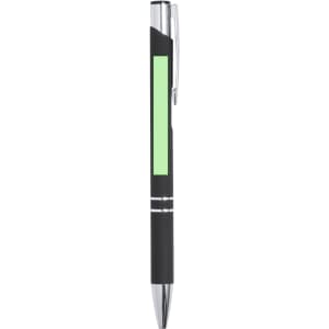 A metal pen in black with a green highlight and a silver clip. It features a sleek and modern design.