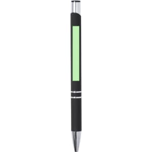 A metal pen with a sleek black body and a green accent, featuring a shiny silver tip and clip.
