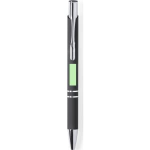 A metal pen with a black body, chrome accents, and a green section, featuring a logo.
