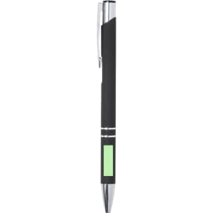 A black metal pen with chrome accents and a green section. Features a logo on the barrel.