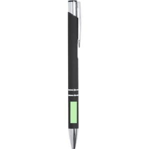 A metal pen in black with a silver clip and a green accent. Features branding on its surface.