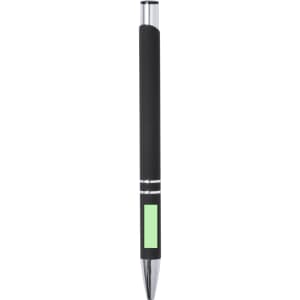 A black metal pen with a green accent and a shiny silver clip. The pen features a logo on its body.