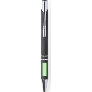 A metal pen featuring a sleek black design with a green accent and a chrome tip, including a branding logo.